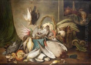 Still Life With Duck, 
Partridges, Pigeons, Woodcock, Songbirds And Other Various Other Game 
Birds Together With A Basket And Some Vegetables by Jacob Samuel Beck