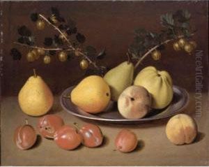 Still Life Of Pears, Apples And
Gooseberries On A Platter Resting On A Ledge Scattered With Other Fruit by Jacob Samuel Beck