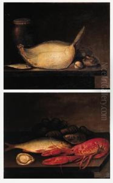 A Turbot, A Sardine, Oysters, 
Mussels And A Stone Ware Jug On Astone Ledge; And An Oyster, A Crayfish 
And A Mullet On A Stoneledge - view 1