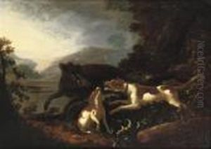 Hounds Attacking A Boar In A Hilly River Landscape by Adriaen Cornelisz. Beeldemaker