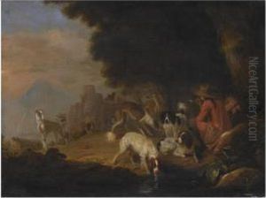 A Wooded Landscape With Two Huntsmen And Their Hounds Resting Near A Stream by Adriaen Cornelisz. Beeldemaker