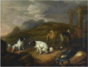 A Southern Landscape With Three 
Spaniels And Other Hounds, Twohuntsmen With A Dead Hare In The 
Background, Near Classicalruins by Adriaen Cornelisz. Beeldemaker