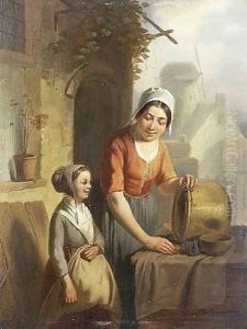 Mutter und Tochter beim Putzen eines Kessels 1860