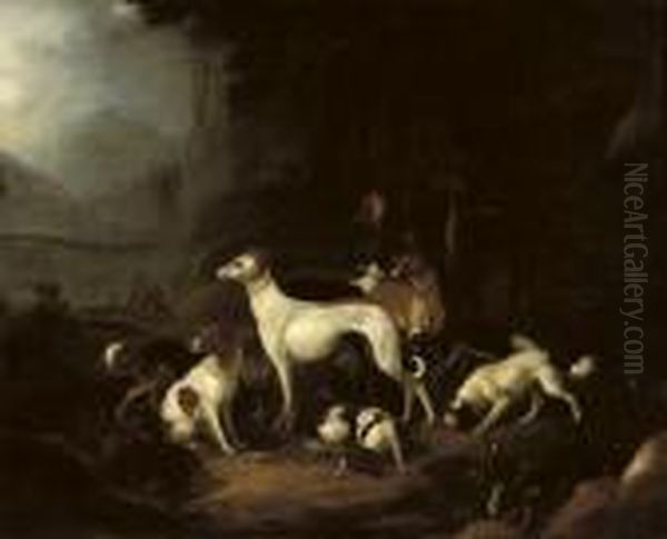 A Hunter And His Dogs Resting At The Entrance Of A Cave - view 1