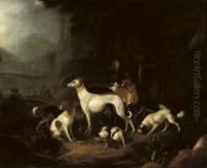 A Hunter And His Dogs Resting At The Entrance Of A Cave by Adriaen Cornelisz. Beeldemaker