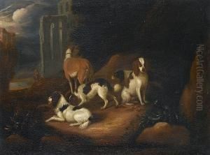 Spaniels And A Lurcher Resting In A Wooded Glade, A Landscape With Ruins Beyond Spaniels And A Lurcher Resting In A Wooded Glade, A Landscape With Ruins Beyond