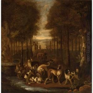 Spaniels And Other Hounds In A 
Park Setting Next To A Fountain, A Sportsman And A Traveller Beyond, An 
Extensive Landscape In The Distance by Adriaen Cornelisz. Beeldemaker