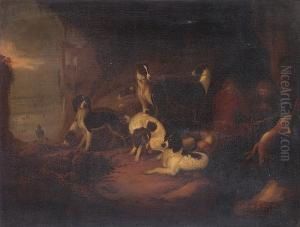 Spaniels And Lurchers With Hunstmen In A Rocky Landscape by Adriaen Cornelisz. Beeldemaker
