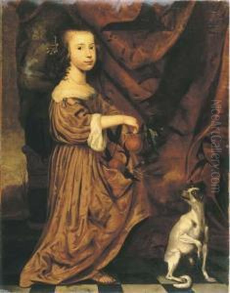 Portrait Of A Young Lady,
Full-length, In An Orange Dress, Holdingtwo Appeltjes Van Oranje In Her
Right Hand, Her Dog Beside Her, Ona Terrace - view 1