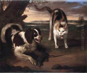 Landscape With A Dog And A Cat Fighting