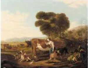 A Landscape With Cattle And A Dairy Maid Teasing A Dog
