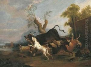 A Pastoral River Landscape With Hounds Chasing A Bull by Adriaen Cornelisz. Beeldemaker