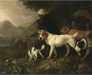 Huntsmen With A Servant, Horses And Hounds On A Path by Adriaen Cornelisz. Beeldemaker