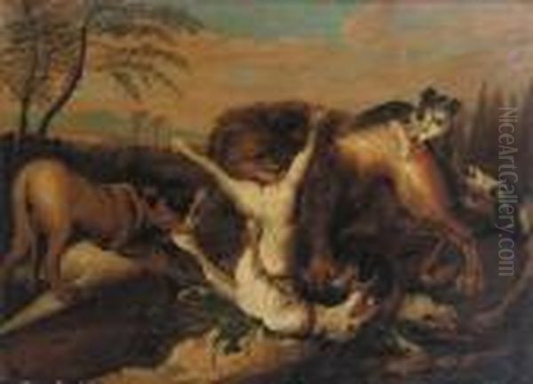 A Lion Chasing Hounds In A Landscape - view 1