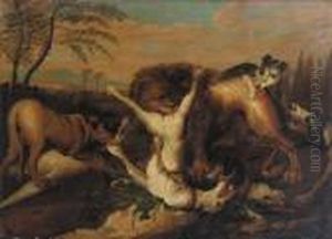 A Lion Chasing Hounds In A Landscape A Lion Chasing Hounds In A Landscape