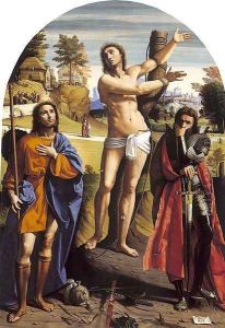 Saint Sebastian with Saints Rock and Demetrius 1520 by Giovanni Battista Benvenuti (see Ortolano)
