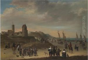 Elegant Figures Strolling On The
Beach At Egmond Aan Zee,sailing Vessels Moored On Shore, And Fisher
Folk Selling Theircatch In The Foreground by Cornelis Beelt
