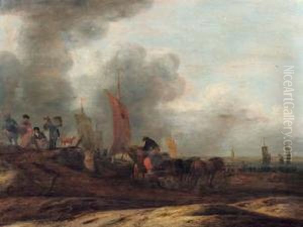 Fisherfolk On A Beach With Sailing Vessels Beyond - view 1