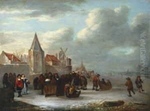 Winterlandschaft Mit Eislaufern Vor Den Mauern Eines Hollandischen Stadtchens.
