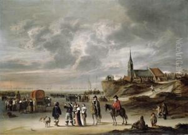 Elegant Company On The Beach Ar Egmond Aan Zee, A Naval Battle Beyond - view 1