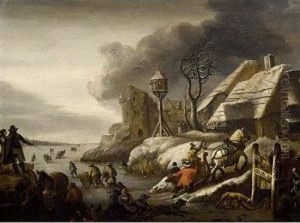 A Winter Landscape With Figures 
Skating On A Frozen Pond, A Horse Drawn Sleigh Returning Home