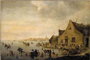 Skaters On A Frozen Lake At The Edge Of A Town by Cornelis Beelt