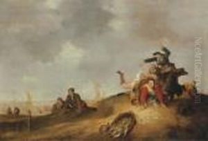 A Coastal Landscape With A 
Fisherwoman Tripping And Spilling Abasket Of Fish In The Dunes