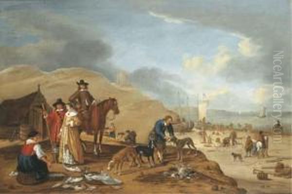 A Coastal Landscape With Elegant Company By A Fish Stall On Abeach - view 1