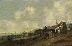 A Beach Scene With Fishermen 
Unloading Their Catch, And Figures Arriving In Horse-drawn Carts 
Together With Dogs, A Church Tower And A Village Beyond