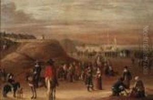 A Coastal Landscape With
Peasants And Elegant Figures On The Shore,beached Fishing Boats Beyond by Cornelis Beelt