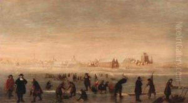 Kolfers, Skaters And Elegant Townsfolk On A Frozen Waterway, A Townbeyond - view 1