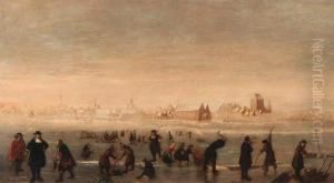 Kolfers, Skaters And Elegant Townsfolk On A Frozen Waterway, A Townbeyond by Cornelis Beelt