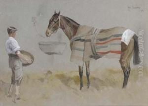 Finish For The Eclipse Stakes, Sandown Park; And A Horse And Groomin A Stable by John Axel Beer