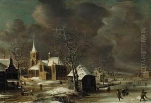 A Village In Winter, With Villagers On A Frozen Waterway