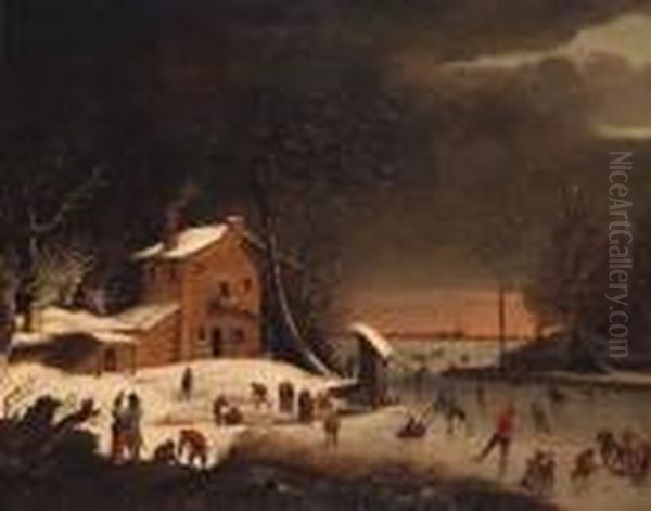 A Winter Landscape With Skaters On A Frozen Waterway Near Afarmhouse - view 1