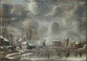 A Winter Landscape With Figures 
Skating Andplaying Kolf On A Frozen River At The Edge Of A Town