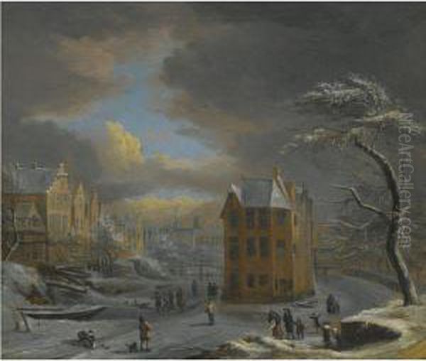 A Frozen Canal In Mid Winter With Skaters In The Foreground - view 1