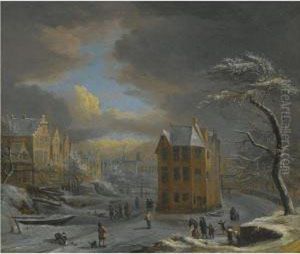A Frozen Canal In Mid Winter With Skaters In The Foreground by Jan Abrahamsz. Beerstraaten