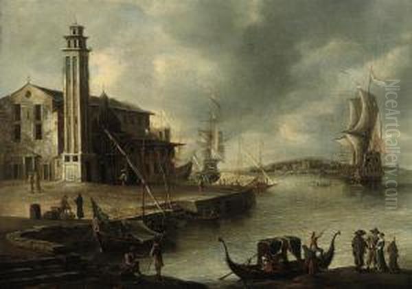 A Mediterranean Coastal
Landscape With Elegant Figures Embarking A Boat, Dutch Men-o'-war And
Other Shipping In A Harbour - view 1