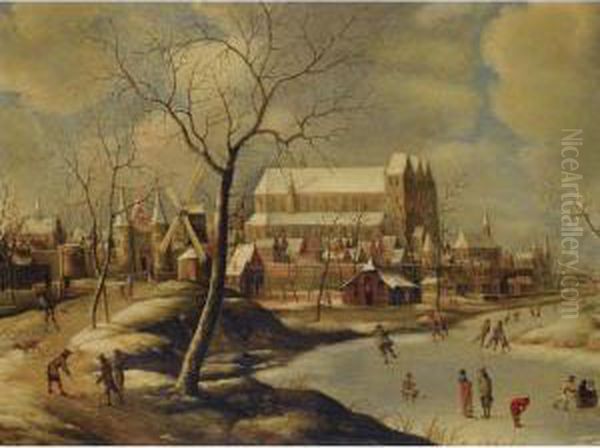 Winter Cityscape With Ice-skaters And Golfers - view 1