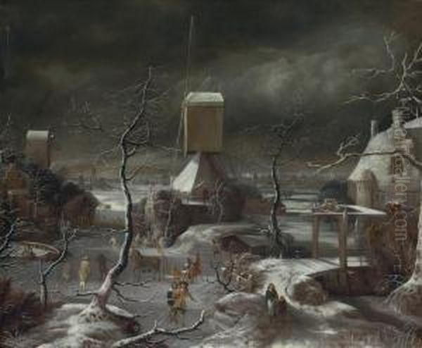 Winter Landscape With 
Horse-drawn Sledge, Skaters And Golfers On A Frozen Waterway By A 
Windmill, Amsterdam And The Ij Beyond - view 1