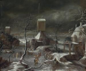 Winter Landscape With 
Horse-drawn Sledge, Skaters And Golfers On A Frozen Waterway By A 
Windmill, Amsterdam And The Ij Beyond