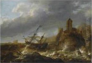 Tempete En Mer Pres D'une Cote Rocheuse Surmontee D'une Ville Fortifiee