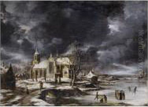 Paysage D'hiver Anime De Patineurs Sur Une Riviere Gelee, Pres D'une Eglise - view 1