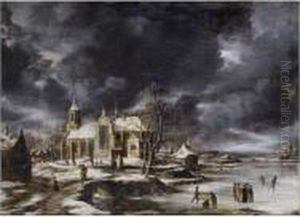 Paysage D'hiver Anime De Patineurs Sur Une Riviere Gelee, Pres D'une Eglise by Jan Abrahamsz. Beerstraaten