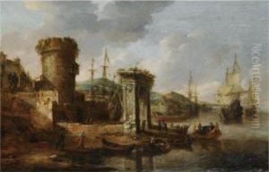 A Capriccio Of A Mediterranean Harbour With Elegant Figures Embarking A Boat