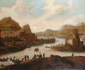 Figures Crossing An Estuary To A Town
