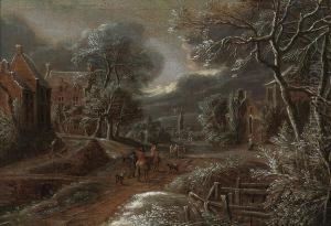 A Winter Landscape Of A Village With Figures On A Track