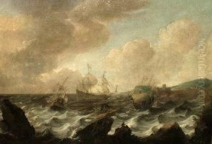 Three French Ships Attending To A Companion Vessel Being Driven Ashore In A Storm