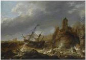 Ships In A Heavy Storm Along A
Rocky Coast, Near A Fortifiedtown, Shipwrecked Figures In The Foreground by Jan Abrahamsz. Beerstraaten